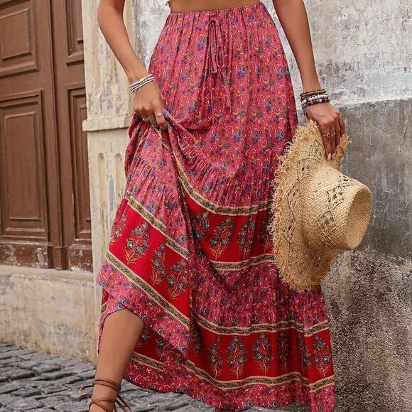 Pink Boho Women's Color Block Butterfly Printed Maxi A-Line Skirt For Vacation - Picture 4 of 6